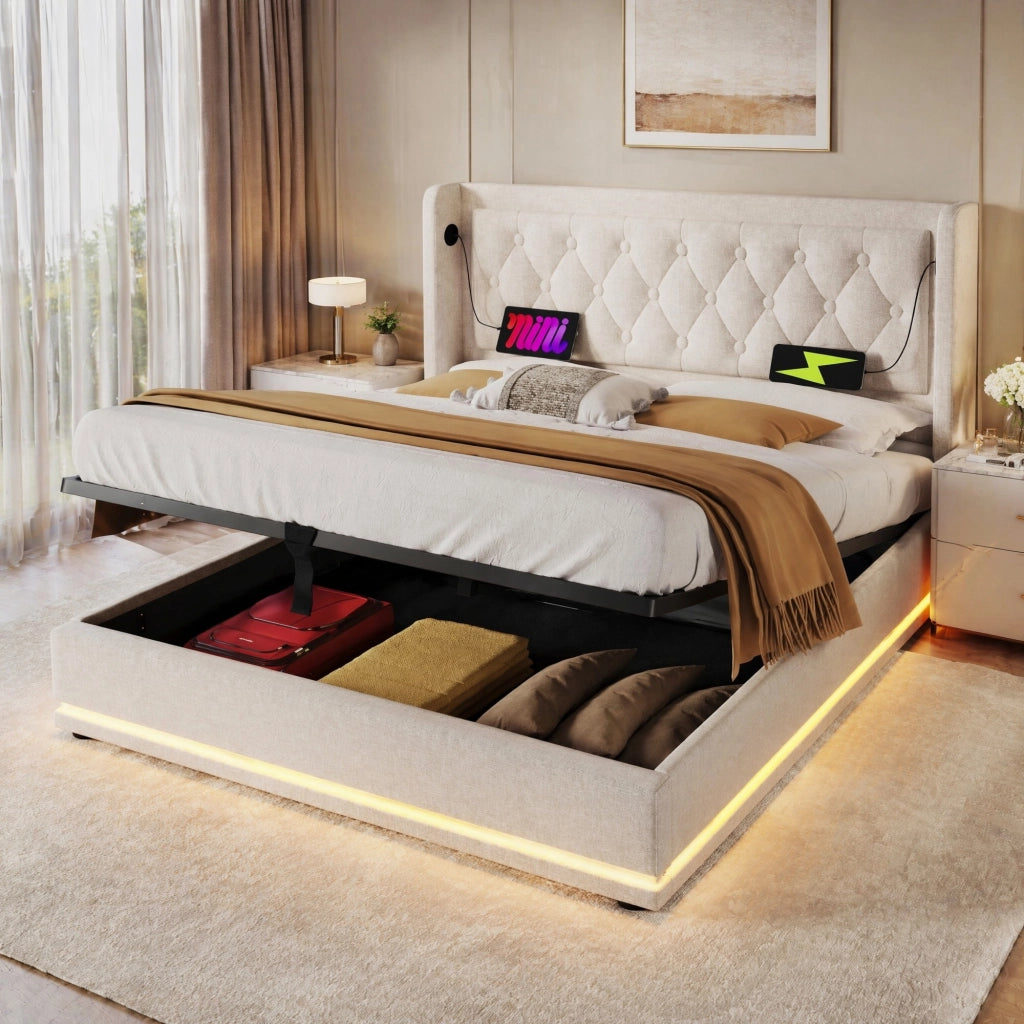 LETTO Contenitore 140x200 cm Cotone Beige con USB Type-C e LED
