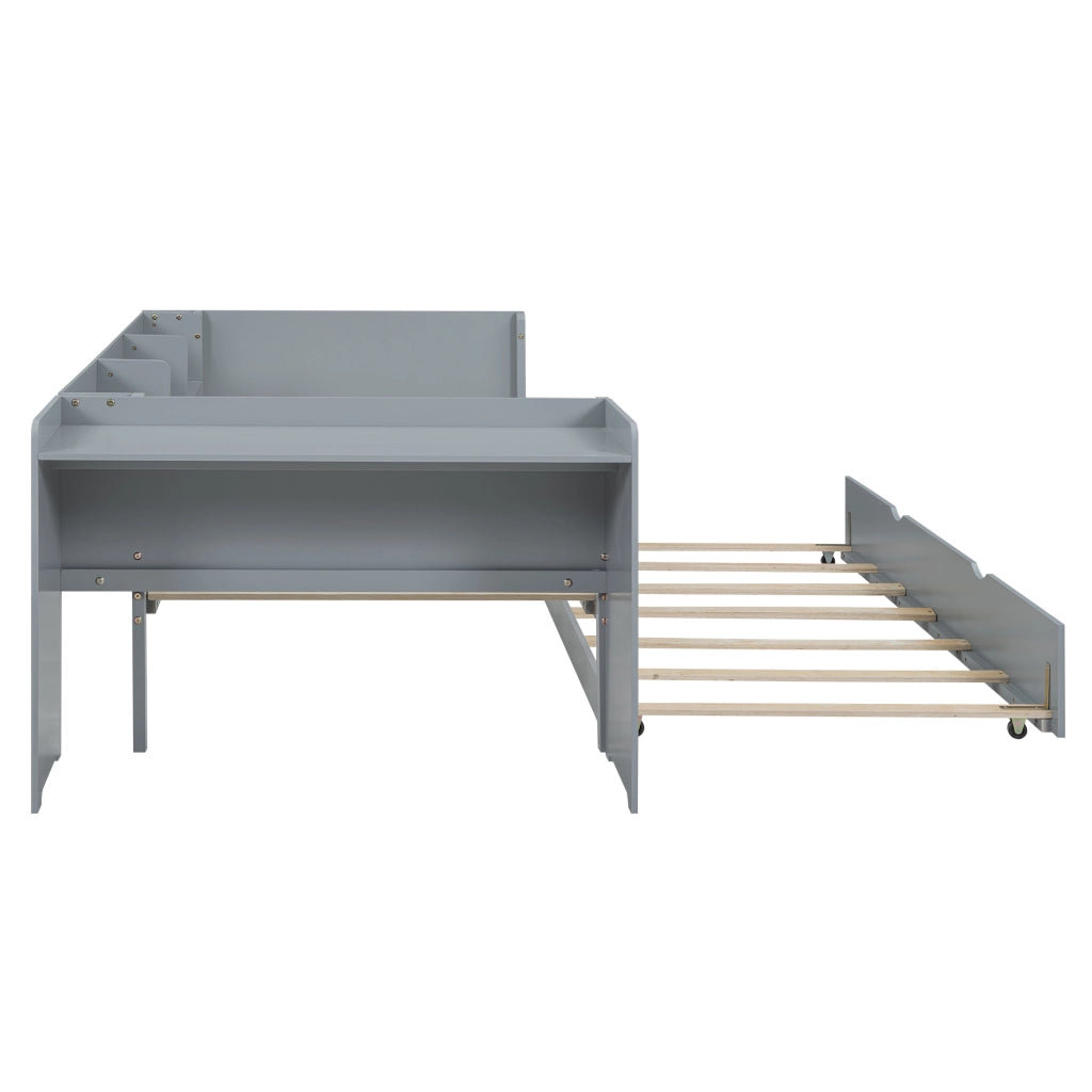 Letto singolo 90x200 cm in pino e MDF con letto estraibile, scrivania e 3 ripiani laterali, grigio