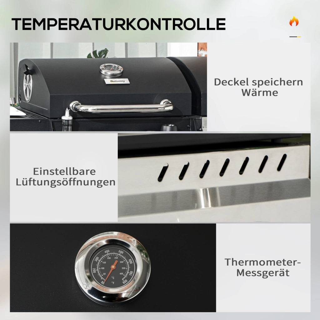 Barbecue a Gas con Termometro ¨C Xylo ¨C Nero e Argento 161x54x103 cm