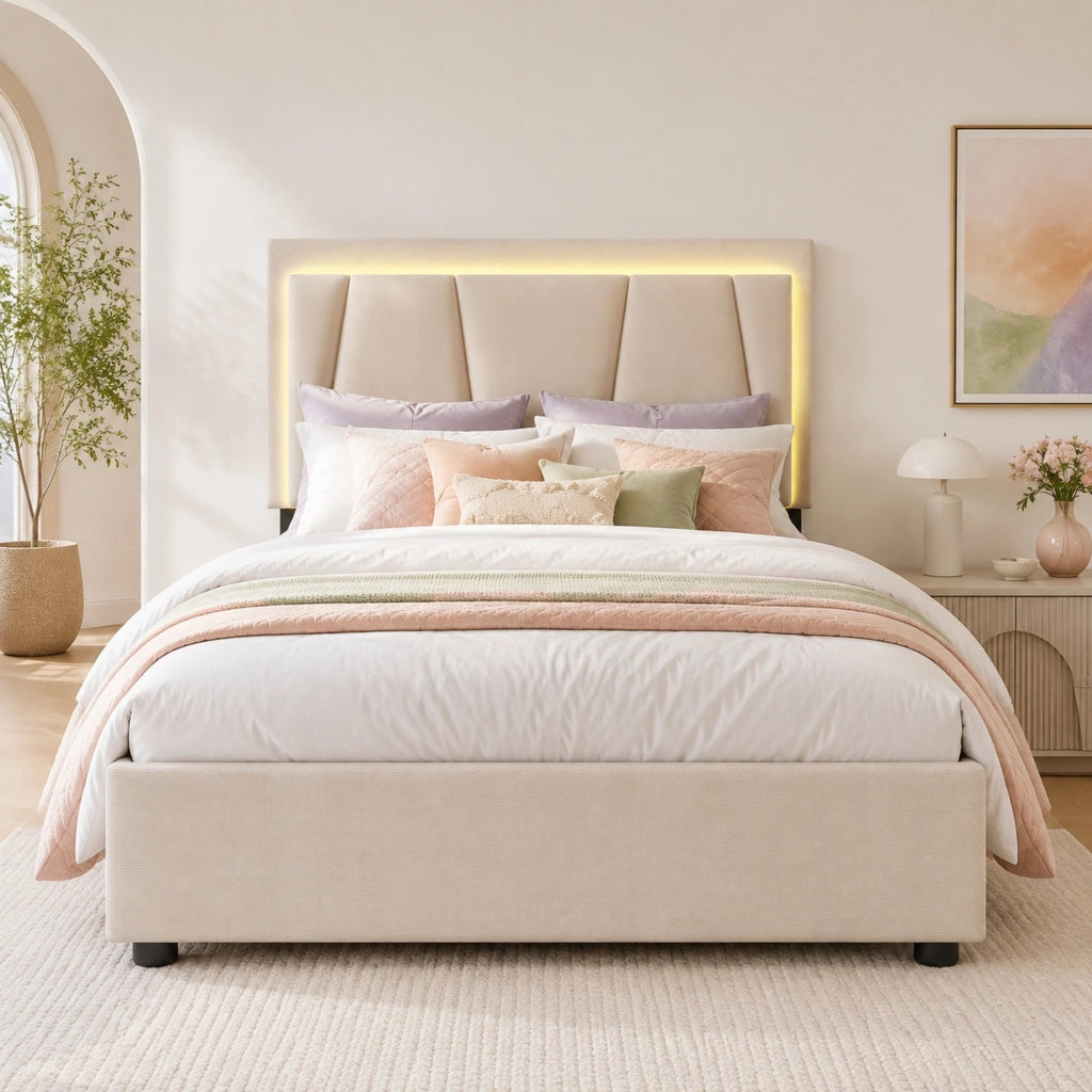 LETTO 90x200 cm Beige con testata regolabile, LED e 2 cassetti