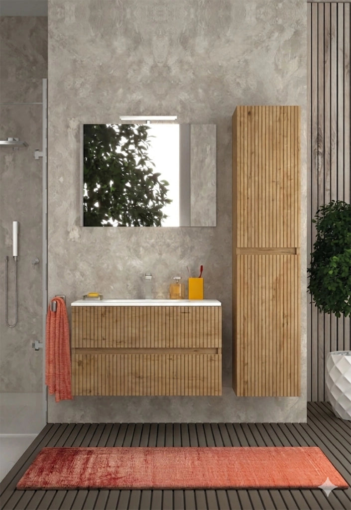 Mobile da Bagno Sospeso con Lavabo 60 cm e Specchio Urano Light Rovere Miele