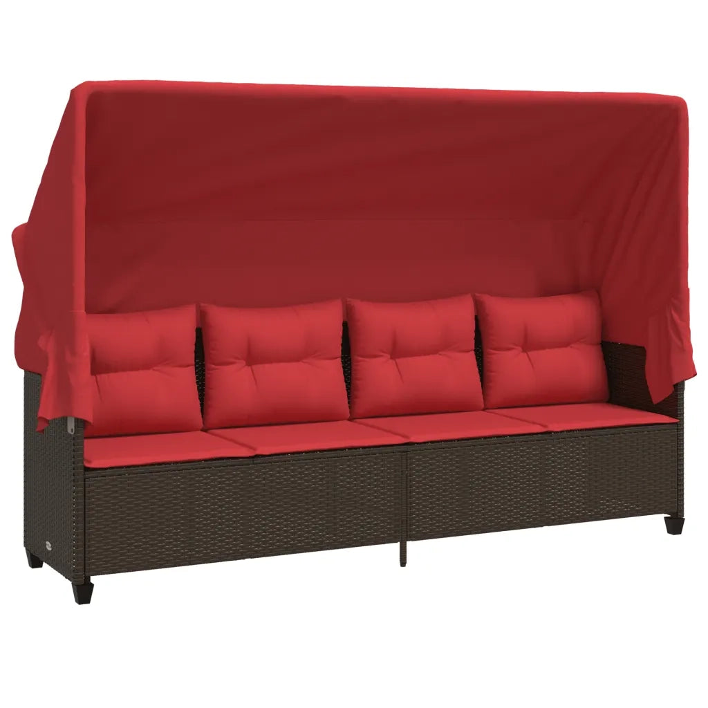 Lettino Prendisole con Baldacchino e Cuscini Marrone Polyrattan 368341