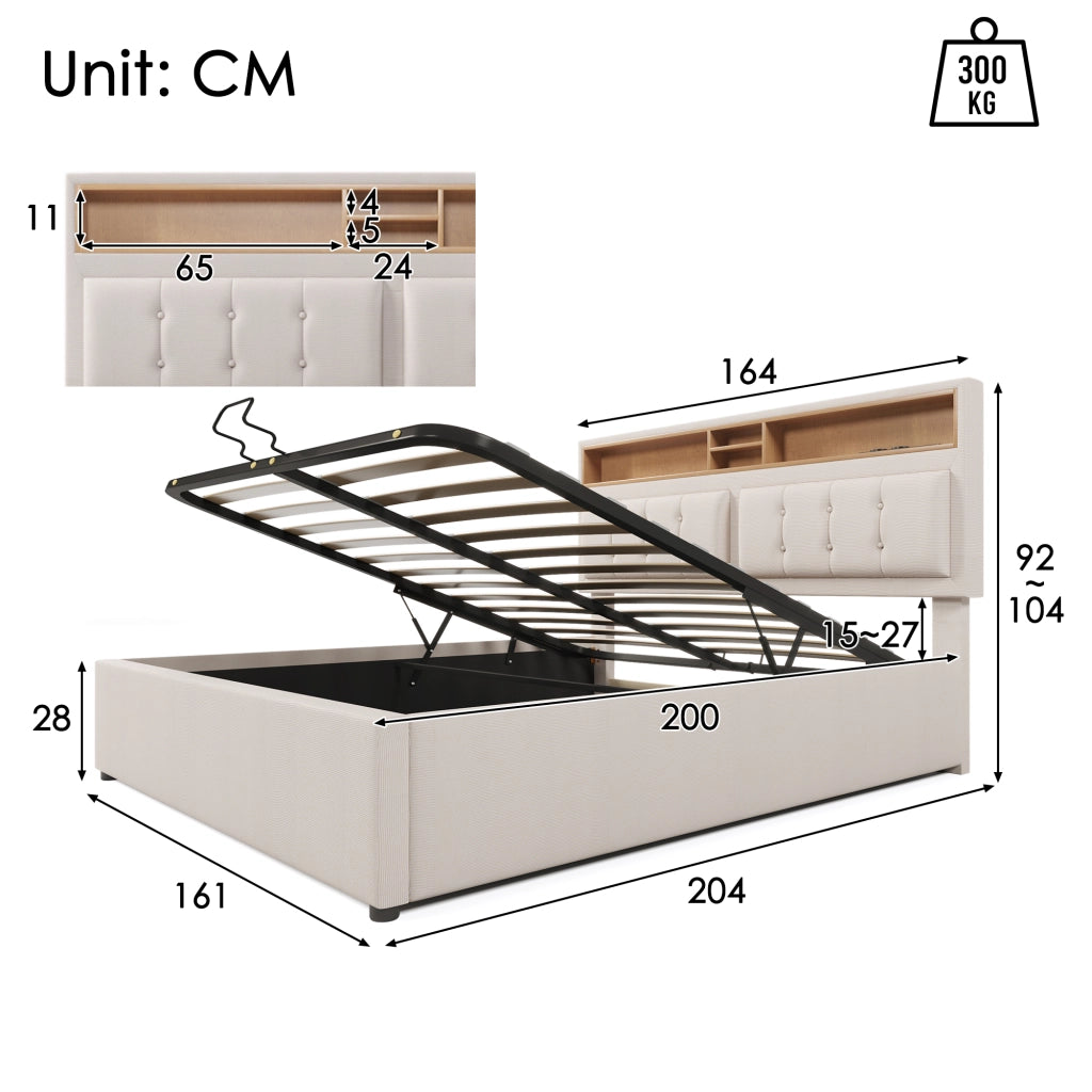 LETTO imbottito contenitore 160x200 cm in lino beige con USB e presa