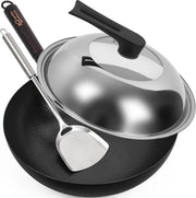 125 pollici wok in acciaio di carbonio per forni a induzione e a gas - manuale del proprietario con guida per l'utilizzo della spatola e video inclusi