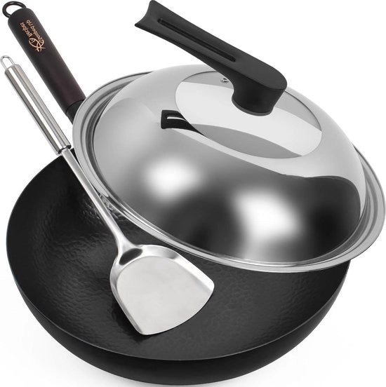 125 pollici wok in acciaio di carbonio per forni a induzione e a gas - manuale del proprietario con guida per l'utilizzo della spatola e video inclusi