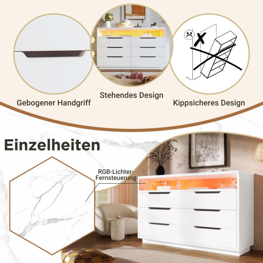 CREDENZA LED 120x40x85 cm Bianca con 6 cassetti