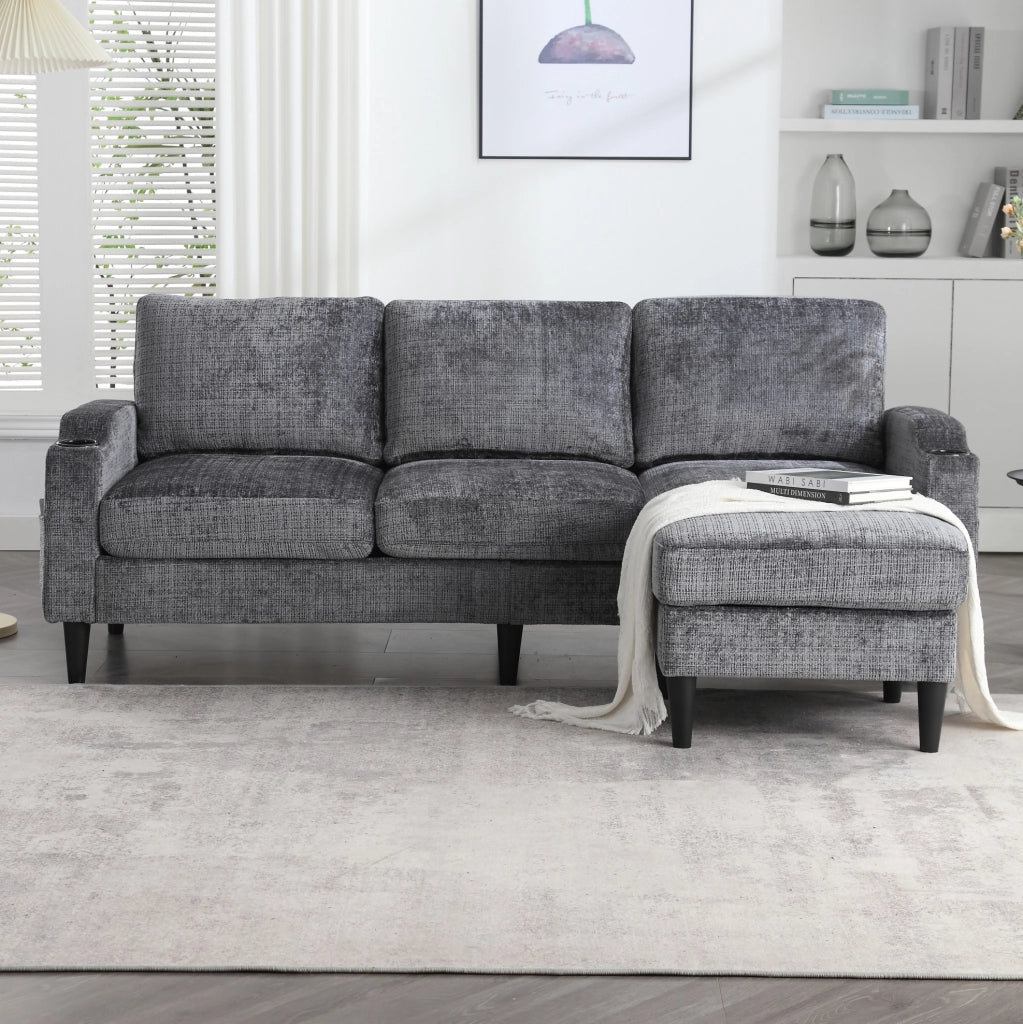 Divano 4 posti con pouf contenitore; portabicchieri e tasche laterali; grigio