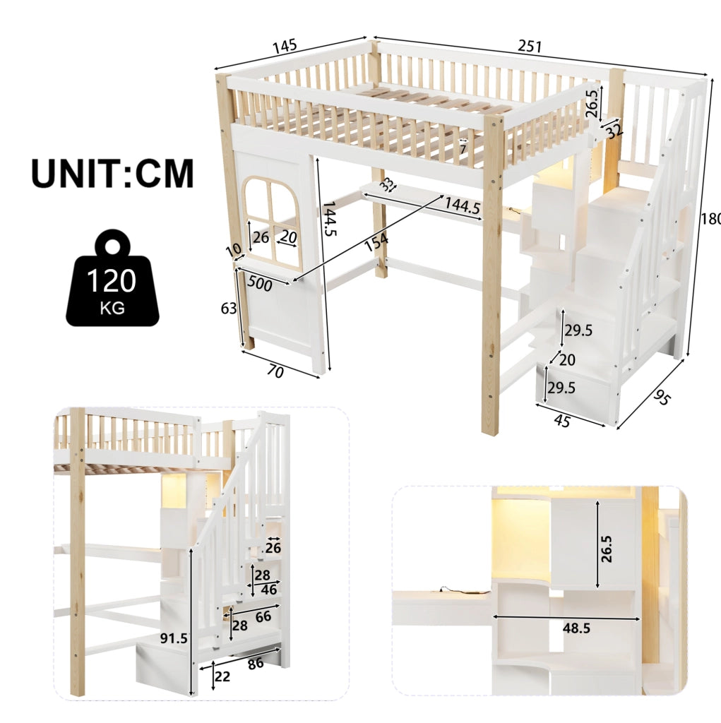 Letto a soppalco 140x200 cm con scrivania, contenitore e luci LED