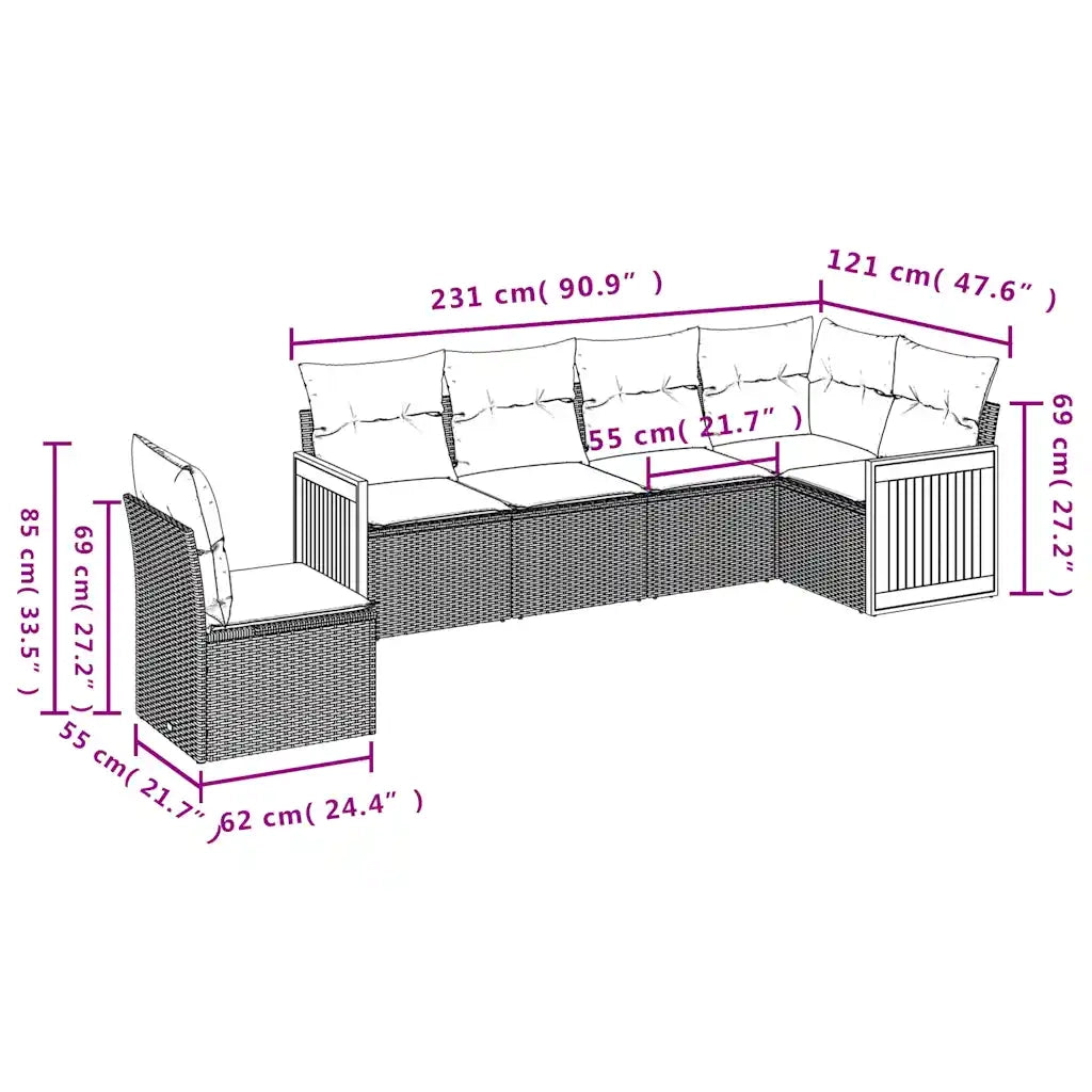 Set Divani da Giardino 6 pz con Cuscini Nero in Polyrattan 3227695