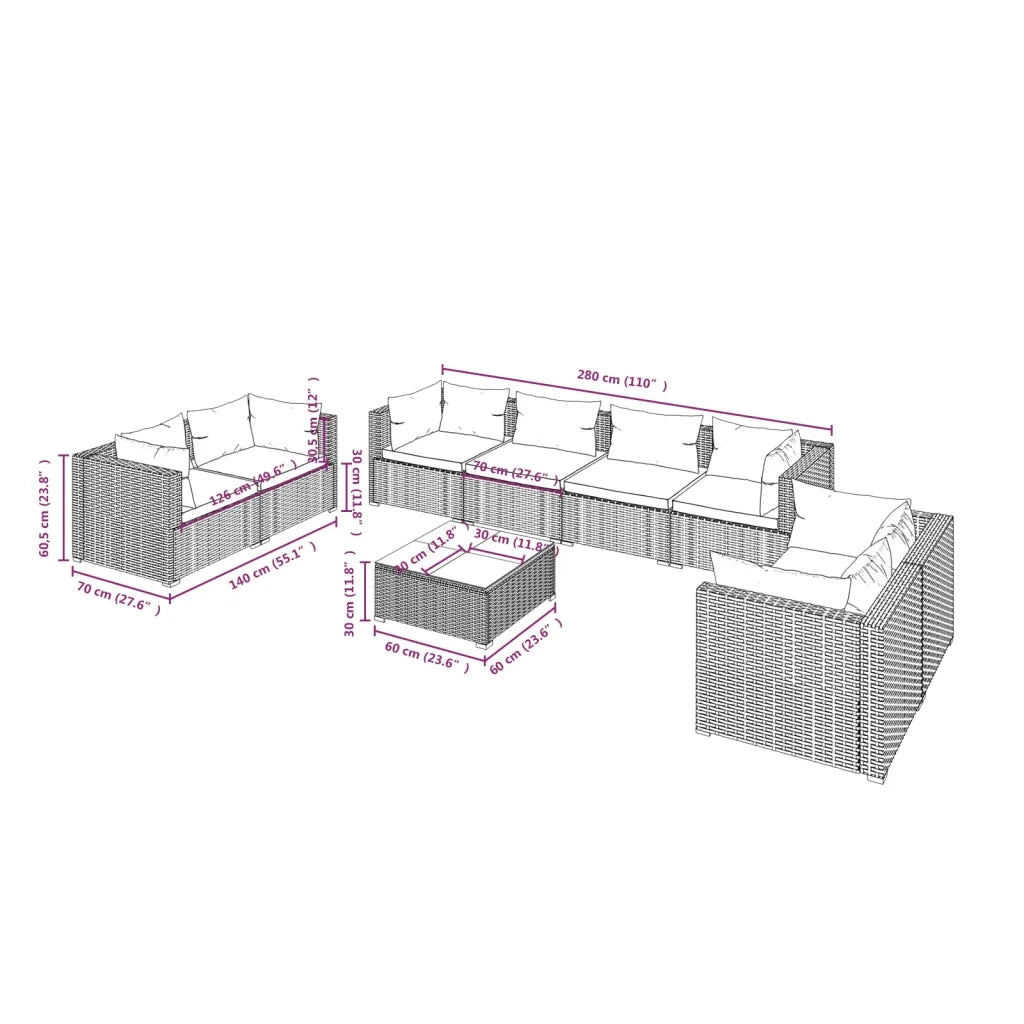 Set Divani da Giardino 9 pz con Cuscini in Polyrattan Marrone 3102291