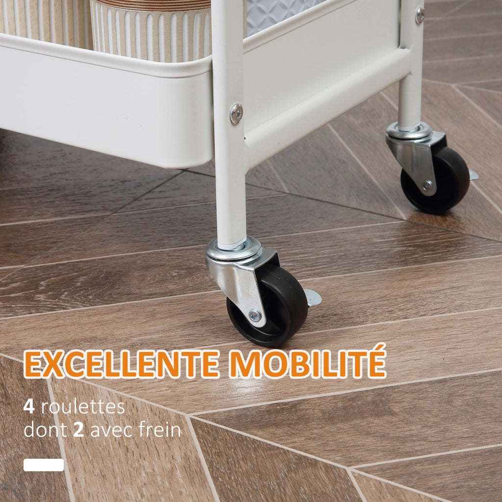 Carrello da cucina con ripiani e cassetto ¨C Zephmum ¨C Bianco, effetto legno chiaro, acciaio