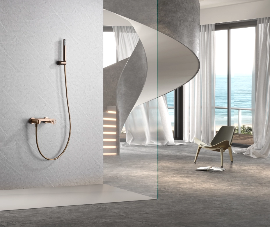 IMEX Set doccia monocomando oro rosa spazzolato in ottone con doccetta rotonda tubo flessibile 180 cm in acciaio rinforzato supporto ABS cartuccia ceramica Ø35 mm modello Imex-BDC033-5ORC