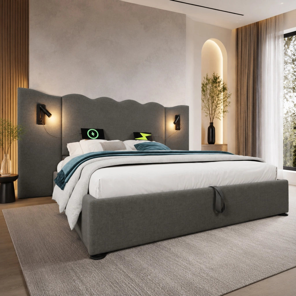 LETTO imbottito 160x200 cm in lino grigio con lampada da lettura e USB-C