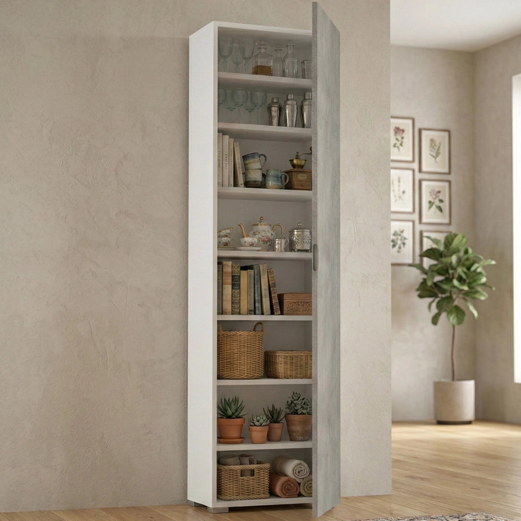 Abuela, Armadio Multiuso 1 Anta 7 Ripiani Made in Italy, 50x182h cm Grigio Cemento