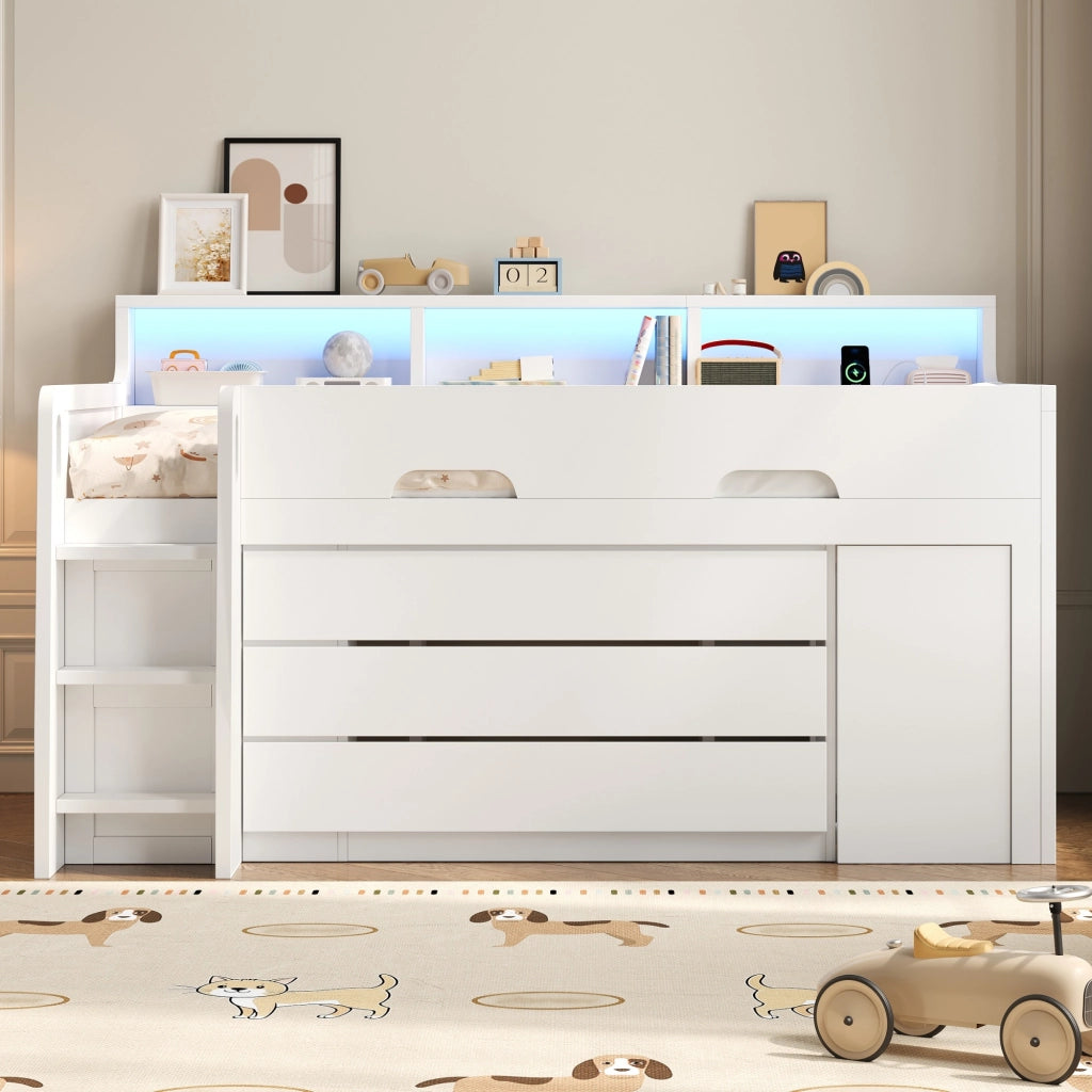 Letto semi-alto 90x200 cm scrivania con luci LED e porta USB cassetti in MDF bianco e compensato