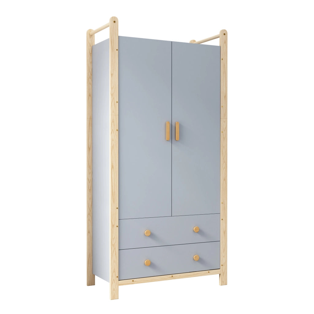 Armadio con 2 ante, 2 cassetti e appendiabiti, con libreria a 3 ripiani, in legno e MDF, per camera e ingresso
