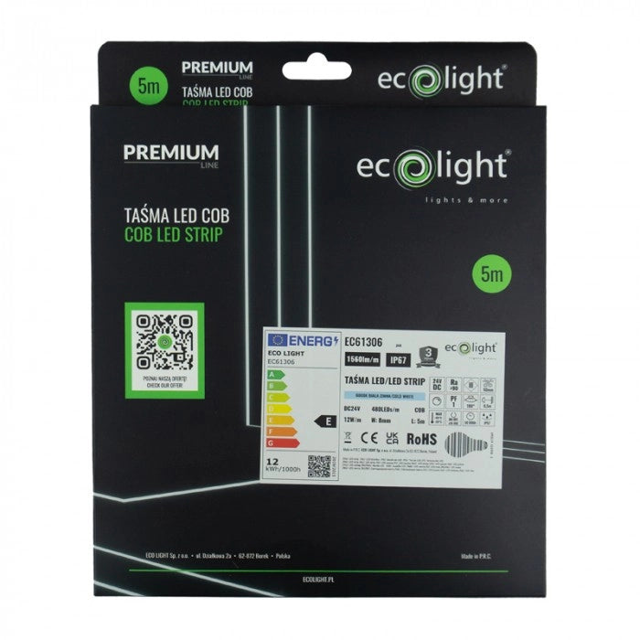 Striscia LED COB 480 24V 12W/m 6000K IP67 5m Ecolight