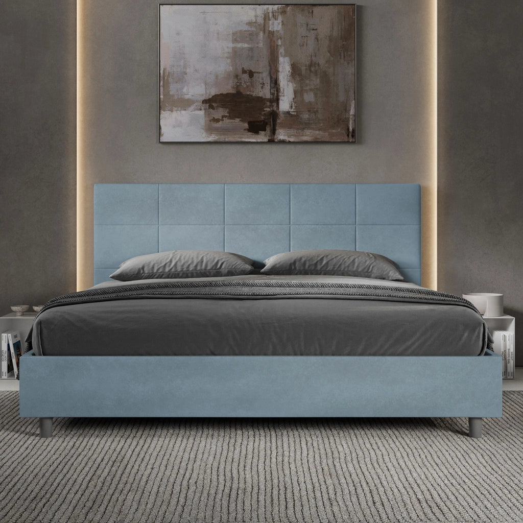BS COM Letto matrimoniale king size contenitore imbottito 190x210 microfibra azzurro