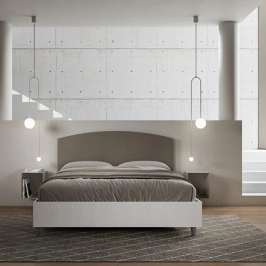 Letto matrimoniale contenitore doppia alzata 160x200 bianco frassino testata similpelle cappuccino Antilia