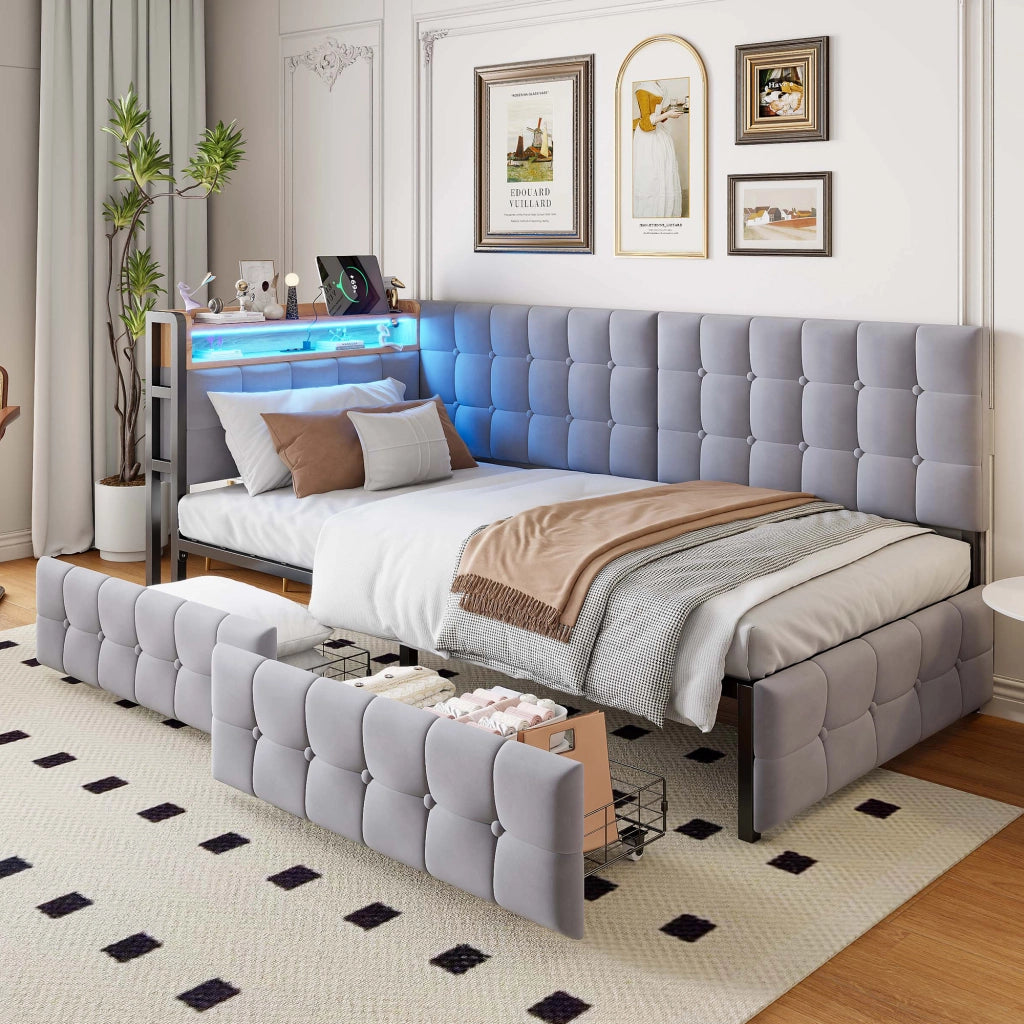 LETTO Contenitore 90x200 cm Grigio in tessuto con 2 cassetti, LED e USB-C