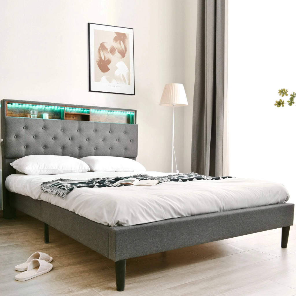 LETTO imbottito 140x200 cm grigio con testiera contenitore e LED