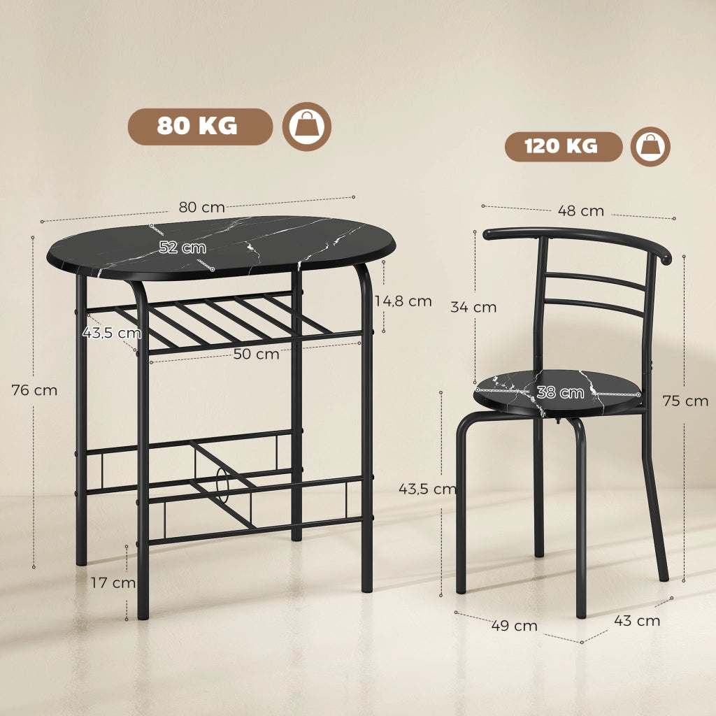 Set tavolo pranzo 3 pezzi con sedie 2 persone scaffale nero effetto marmo ¨C Xylo