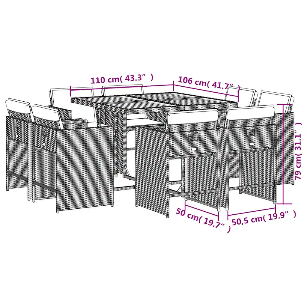 Set da Pranzo da Giardino 9 pz con Cuscini Beige in Polyrattan 3211204