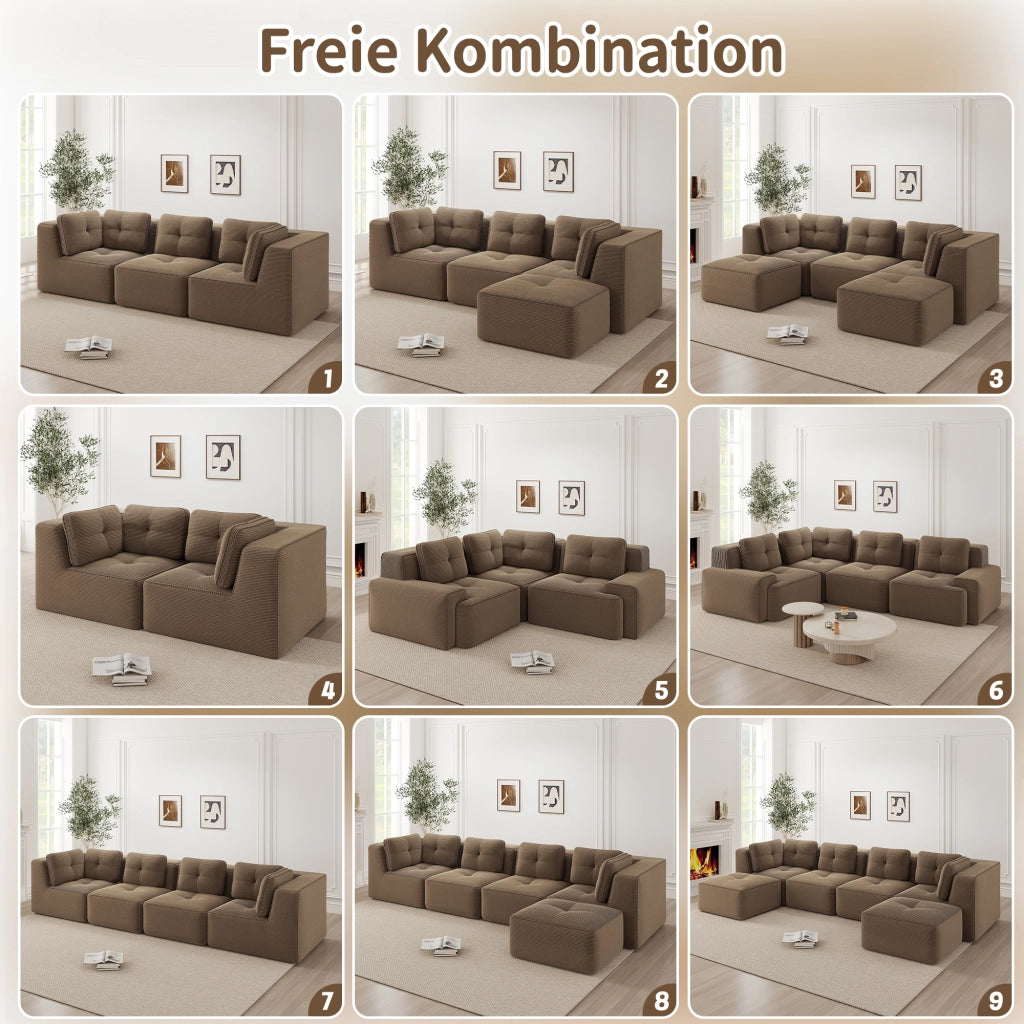 Divano angolare modulare 4 posti senza struttura con seduta profonda e cuscini in velluto a coste marrone