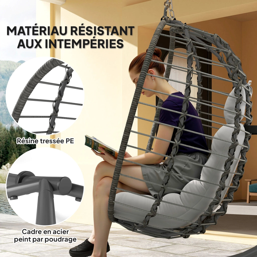 Poltrona sospesa pieghevole in rattan sintetico con supporto e cuscini, grigio