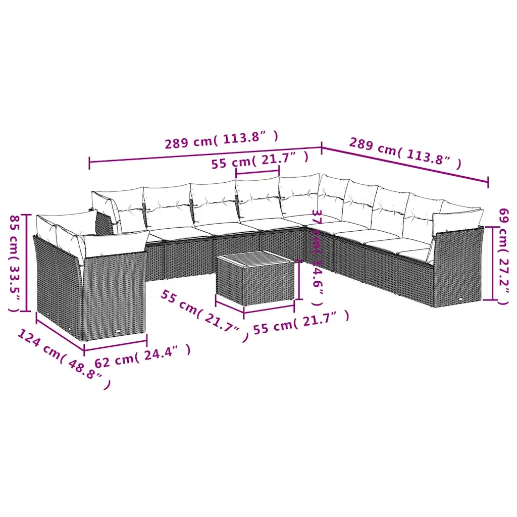 Set Divani da Giardino 12 pz con Cuscini Grigio in Polyrattan 3256061