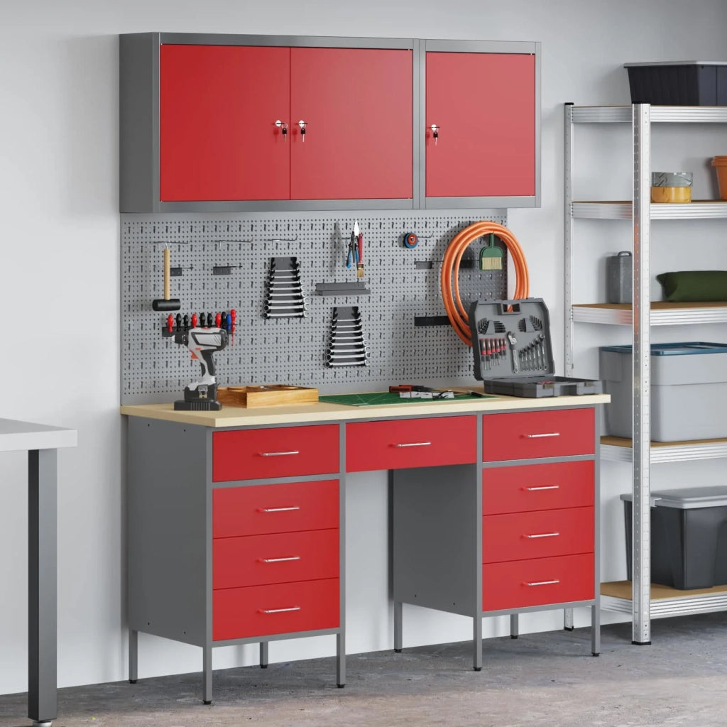 Mobile da lavoro 8 pcs Rosso Legno ingegnerizzato e acciaio 3321459
