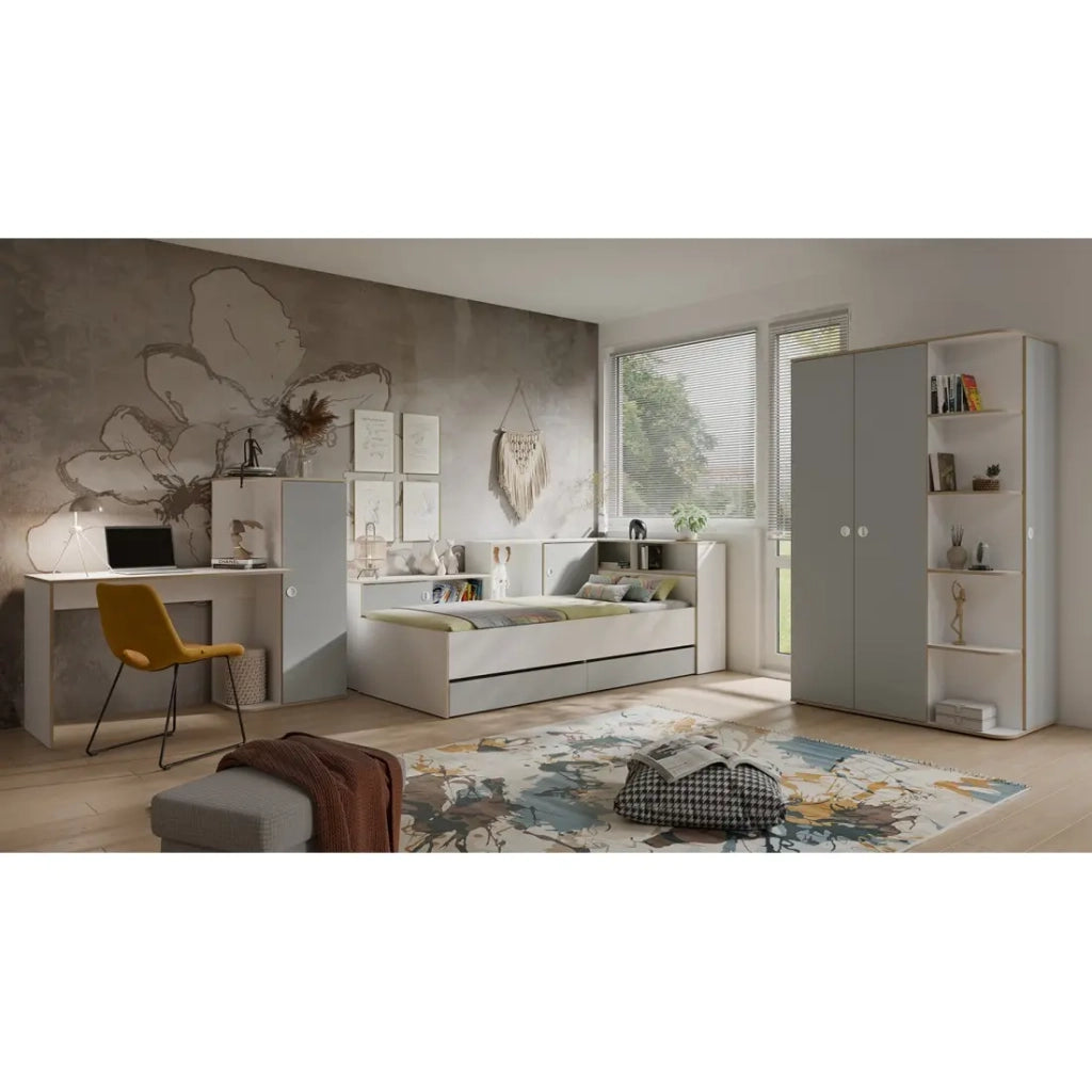 Armadio bambino ELYO – 3 porte + libreria frontale – Grigio & quercia