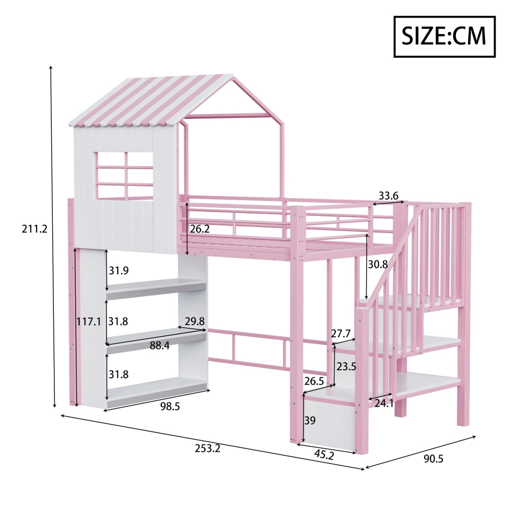Letto a soppalco 90 × 200 cm con scala contenitore reversibile e scaffale, senza materasso, per bambini, rosa