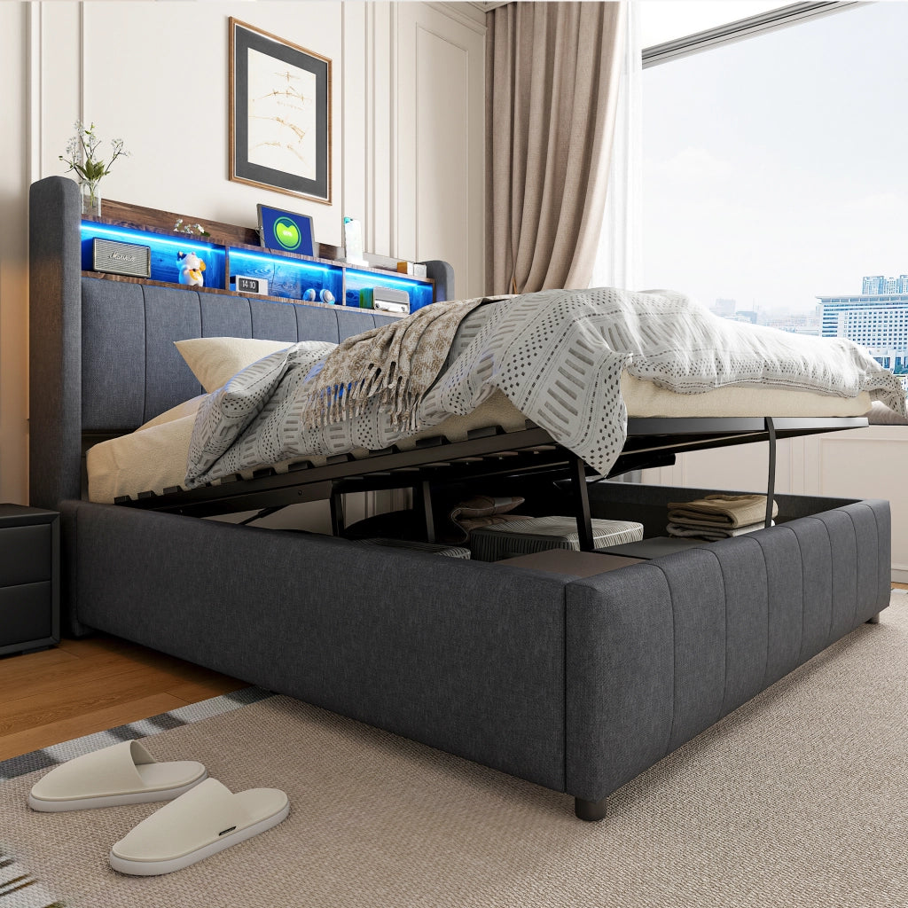 LETTO Imbottito 140x200 cm Grigio con LED, USB, Tipo C e vano contenitore
