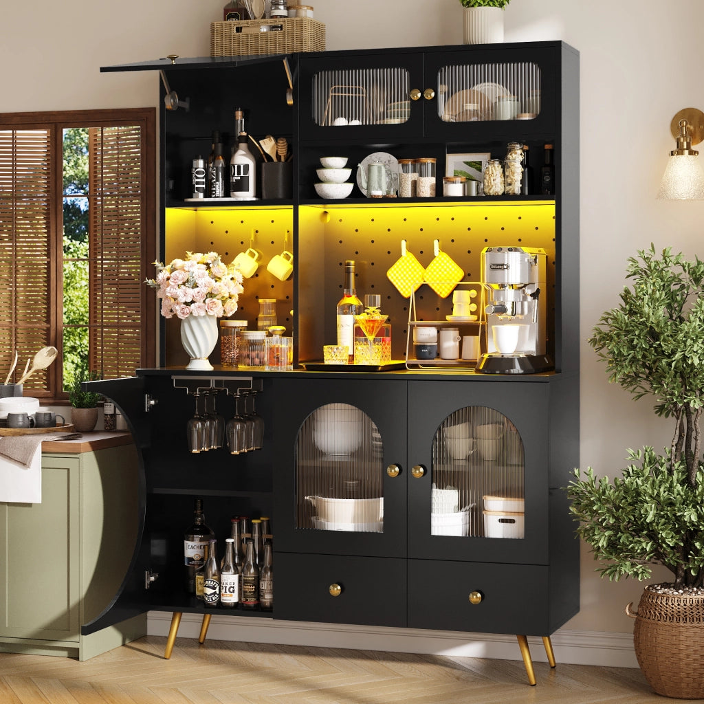 Mobile Credenza con LED, USB e Prese ¨C MINIMAL ¨C Nero, Vetro, Cassetto