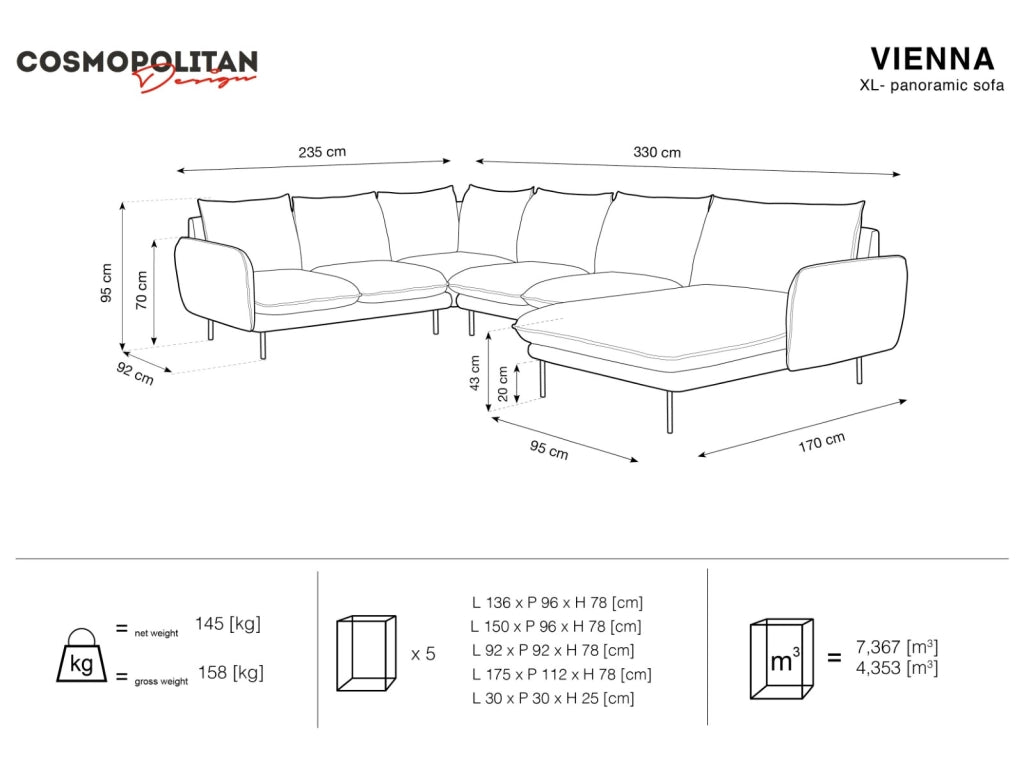 Cosmopolitan Design - Divano panoramico sinistro "Vienna" 7 posti in velluto nero 