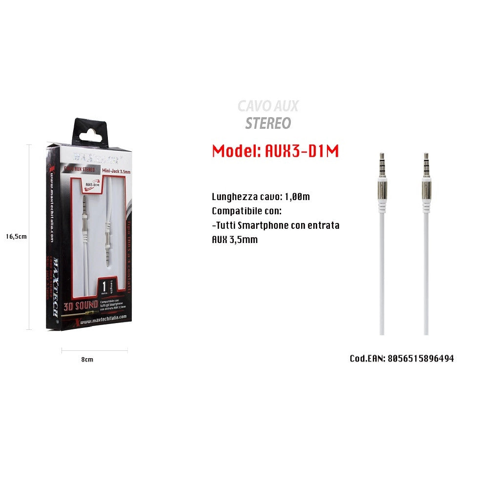 Trade Shop - Cavo Aux Stereo 1mt Mini Jack 3,5mm Per Smartphone Tipo Trrs A 4 Contatti Maxtech Aux3-d1m -