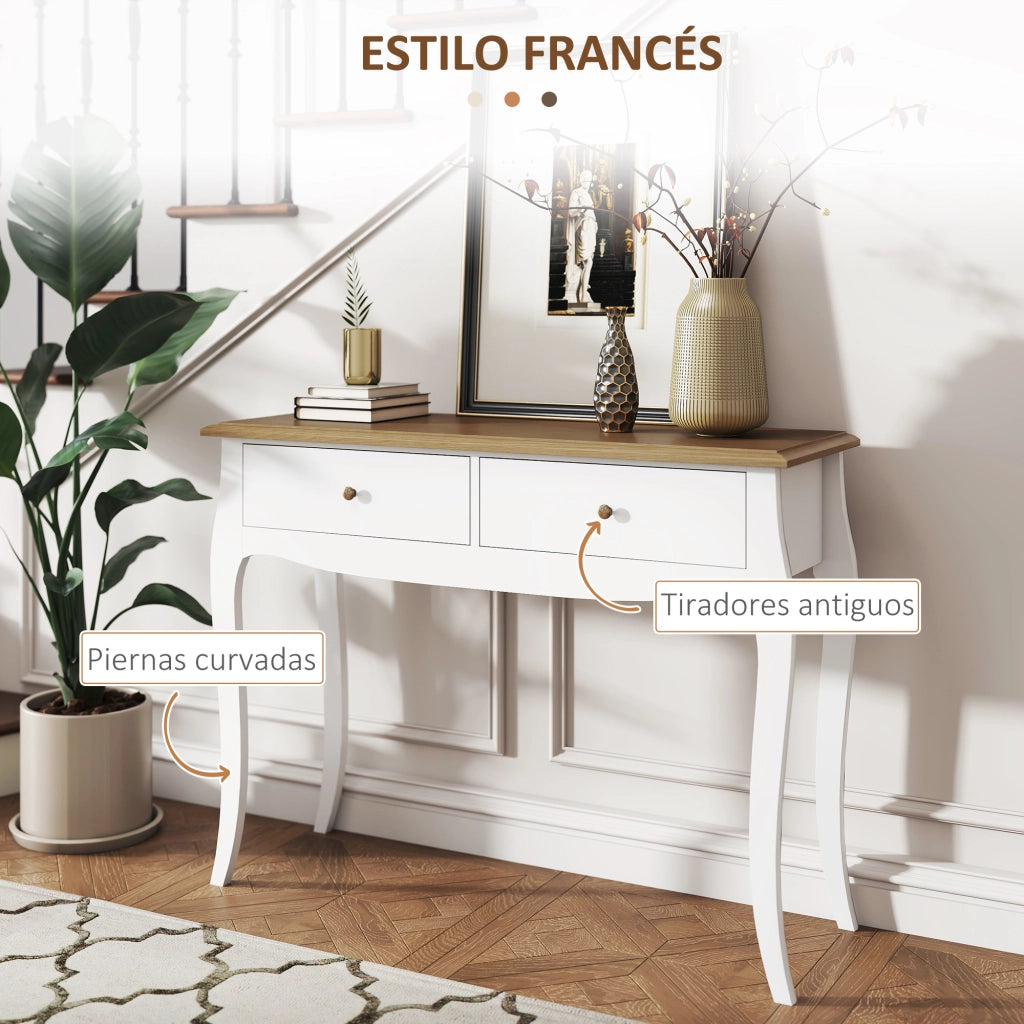 Tavolo console con 2 cassetti ¨C zephmum ¨C 100x35x76.5 cm bianco e marrone scuro