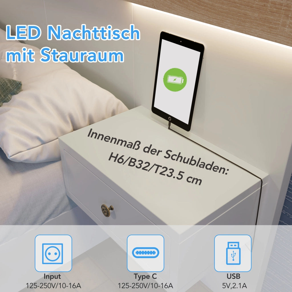 LETTO 140x200 cm con 2 comodini LED, USB/Tipo C, Bianco e Rovere Sonoma