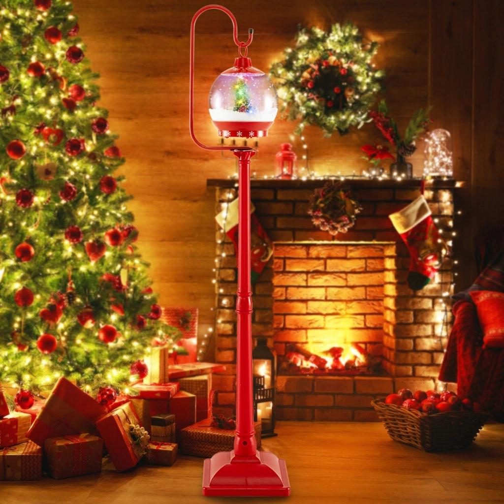 Lampione natalizio musicale 173cm con globo di neve attivato dal suono albero rotante, Lampada da esterno festiva Rosso-Decorazioni natalizie