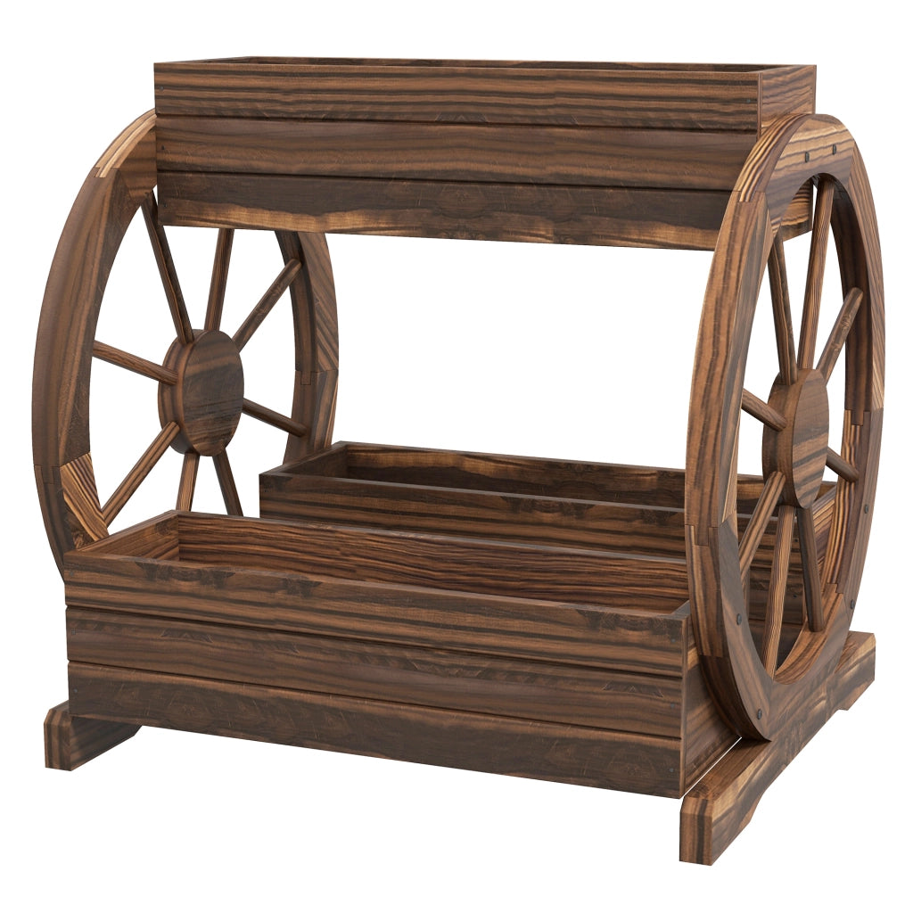 Fioriera a 2 livelli con 3 vasi e ruote in legno per esterno ¨C Zephmum ¨C 64x54x60 cm