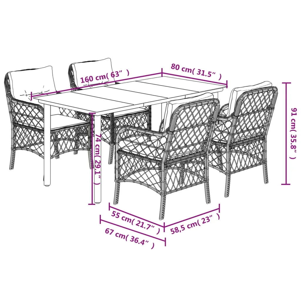 Set da Pranzo da Giardino 5 pz con Cuscini in Polyrattan Grigio