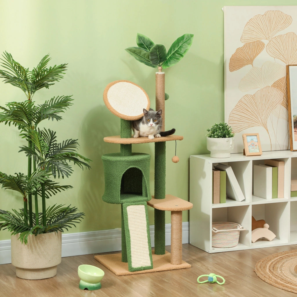 Albero Tiragraffi per Gatti 139 cm con Cuccia, Palline e Piattaforme, Verde