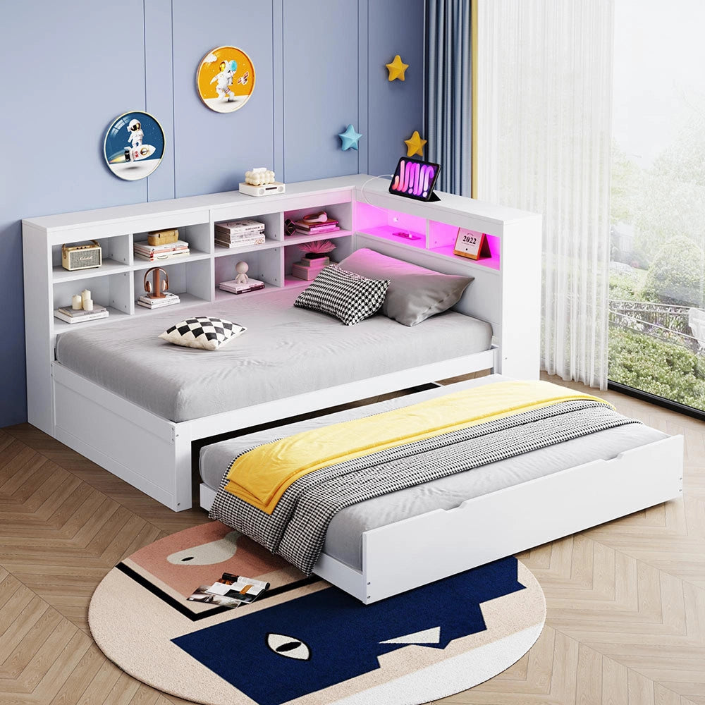 Divano in legno 90x200cm - Xylo - bianco, LED USB, scomparti, spazio