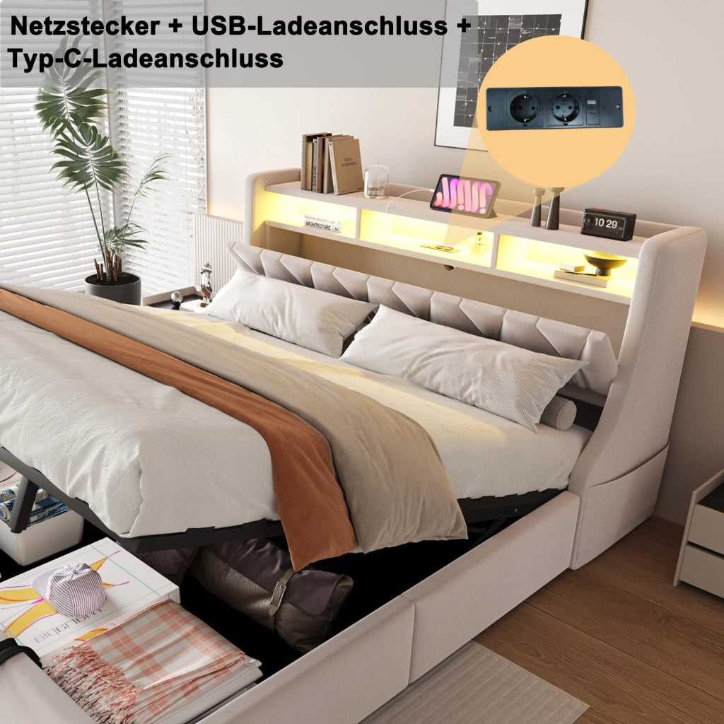 LETTO Contenitore 180x200 cm in velluto beige con LED, prese USB e Type-C