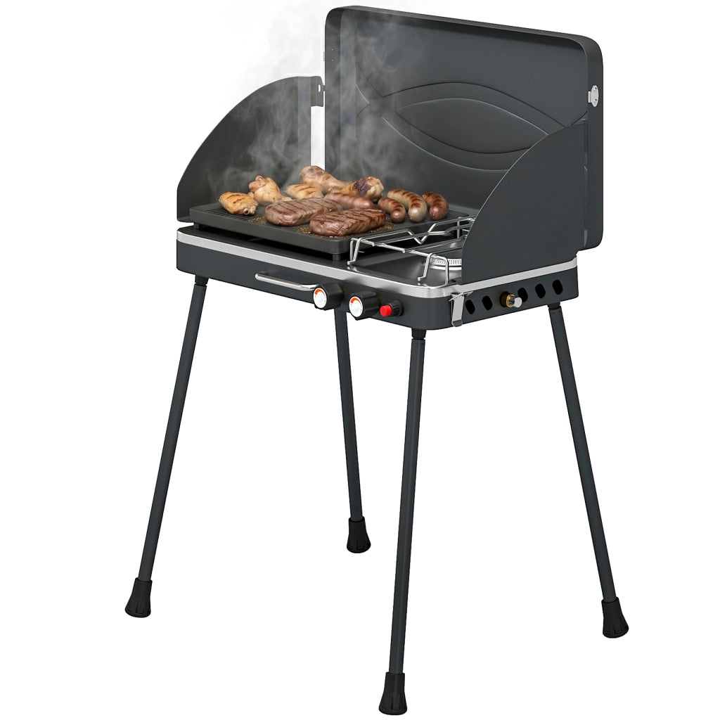 Barbecue a Gas Portatile 2 in 1 ¨C zephmum ¨C 7 kW Grigio Nero con Griglia e Piani