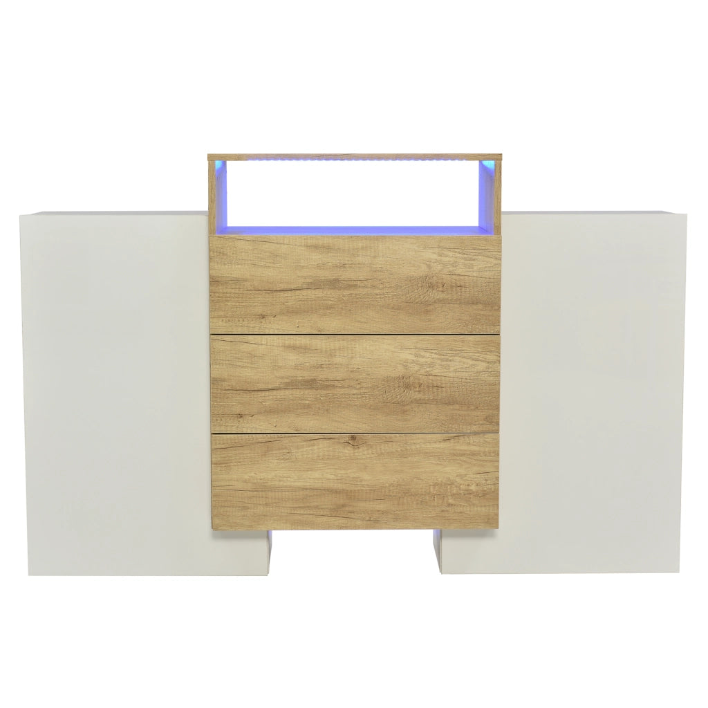 Sideboard moderno - Zephmum - 140cm - Bianco lucido e colore legno - Effetti luce LED multicolore