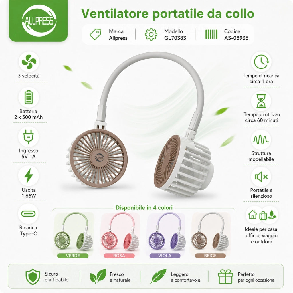 VENTILATORE COLLO SENZA PALE PORTATILE RICARICABILE SPORT 3 VELOCITÀ AS-08936
