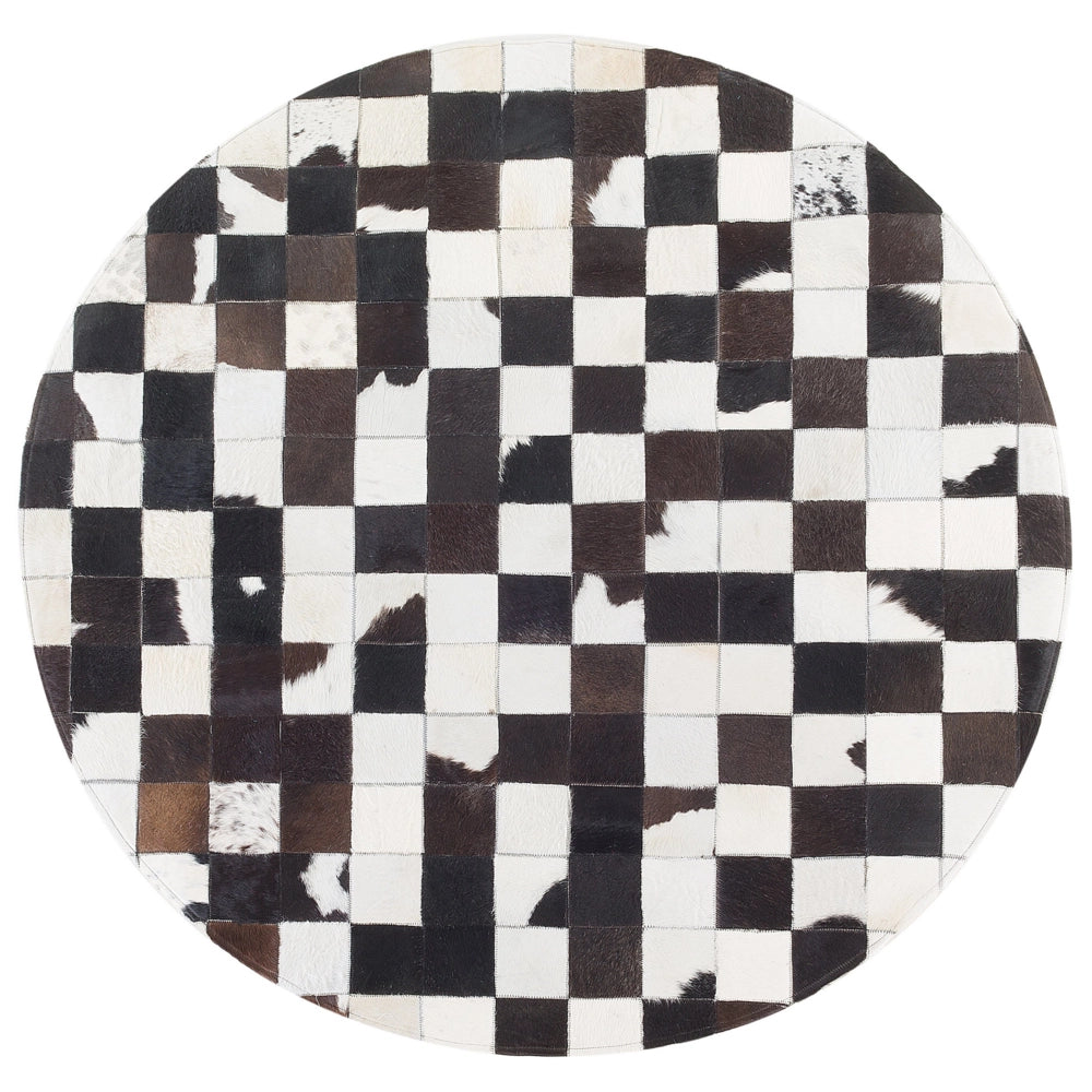 Tappeto Rotondo in Pelle Nera e Bianca ø 140 cm Patchwork Lavorato a Mano