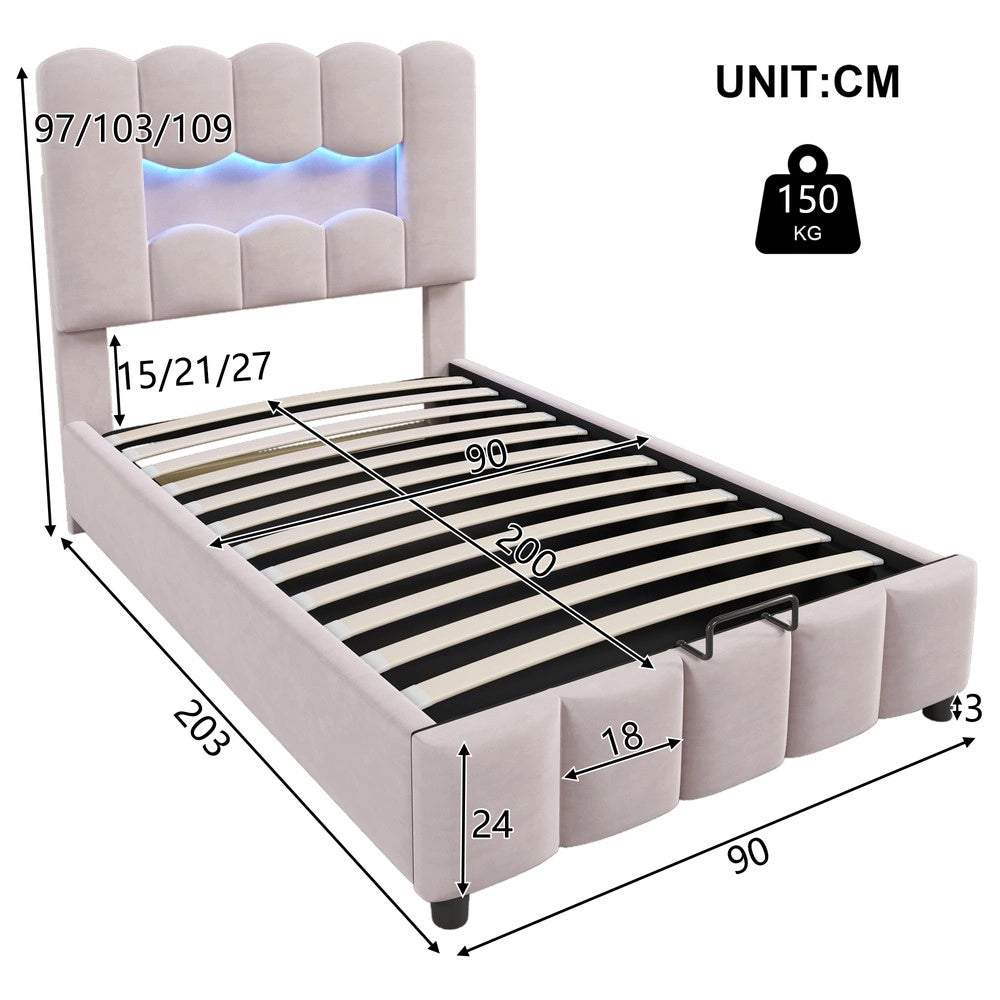 Letto Imbottito con Contenitore e LED ¨C MINIMAL ¨C Velluto Rosa 90x200